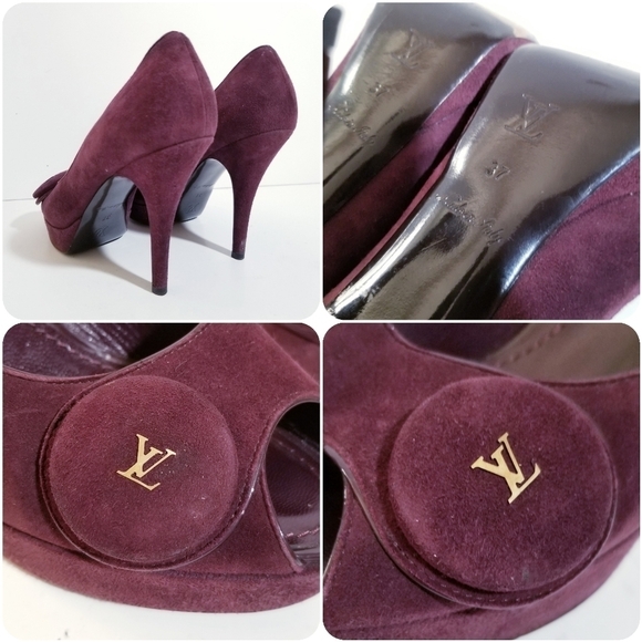 LOUIS VUITTON Chelsea Open Toe Aubergine Suede Leather Pumps 37 US 7 - Picture 16 of 16